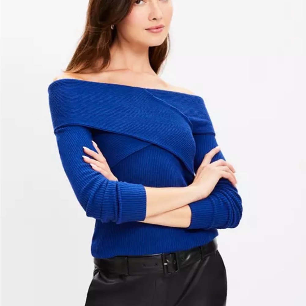 LOFT Cream Off-Shoulder Crossover Sweater